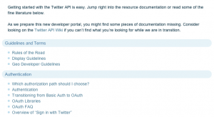 Twitter API docs table of contents